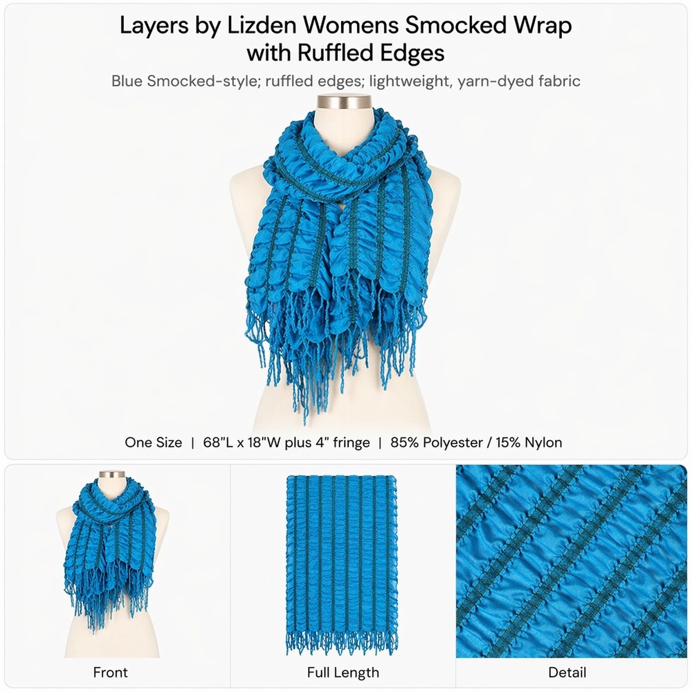 Layers by Lizden Womens Smocked Wrap Scarf Blue Ruffled Fringe Lightweight 68x18